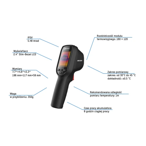 Ręczna kamera termowizyjna z wyświetlaczem 2.4" Slim-Bezel LCD, oferująca rozdzielczość modułu termowizyjnego 160 x 120. Urządzenie waży około 350g i ma wymiary 196 mm x 117 mm x 59 mm, z zakresem pomiarowym od -30°C do 45°C.