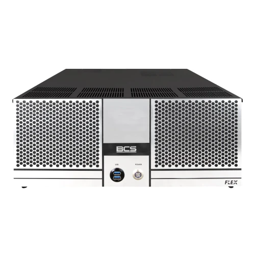 Rejestrator IP BCS F-NVR3508 z widocznym logo BCS na przednim panelu, wyposażony w porty USB i przycisk zasilania. Obudowa ma srebrne wykończenie z perforowanymi panelami po bokach.