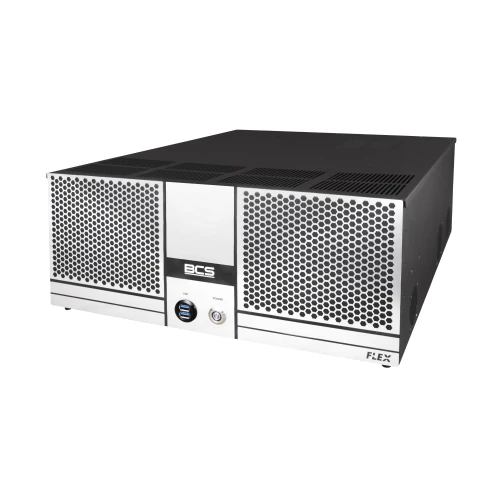 Na zdjęciu znajduje się rejestrator IP BCS z serii FLEX, o prostokątnej obudowie z perforowanymi panelami po bokach i centralnym panelem z logo BCS. Urządzenie ma nowoczesny design z czarno-srebrnym wykończeniem.