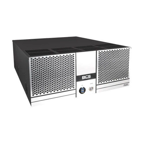 Rejestrator IP BCS F-NVR3508 w czarno-srebrnej obudowie z perforowanym frontem i logo BCS na środku. Urządzenie posiada przyciski i porty na przednim panelu.