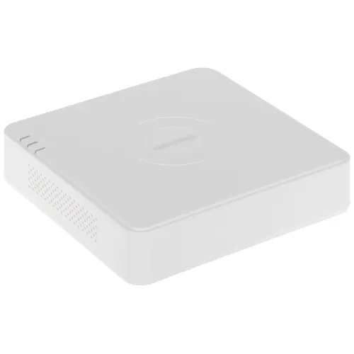 Biały rejestrator IP Hikvision DS-7104NI-Q1/4P z zaokrąglonymi krawędziami i otworami wentylacyjnymi po bokach. Na górze urządzenia znajduje się subtelne logo producenta.