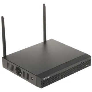Czarny rejestrator IP Imou NVR1108HS-W-S2 z dwoma antenami Wi-Fi. Urządzenie ma prostokątny kształt z wentylacją po bokach i logo Imou z przodu.
