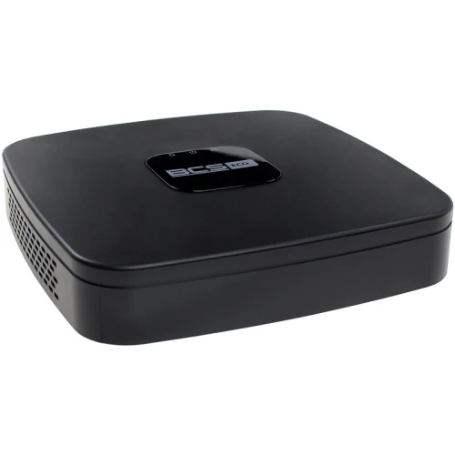 Rejestrator sieciowy IP BCS-NVR04015ME-P-II z czarną obudową i portami na przednim panelu. Urządzenie przeznaczone do monitoringu wizyjnego z możliwością podłączenia kamer IP.