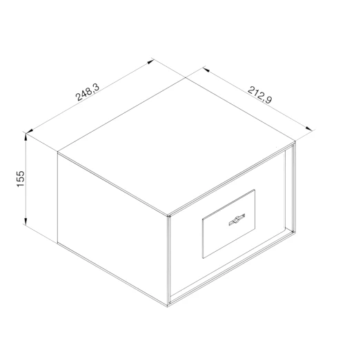Schematyczny rysunek sejfu Koliber 2.0 z zamkiem kluczowym, przedstawiający jego wymiary: 248,3 mm szerokości, 212,9 mm głębokości i 155 mm wysokości. Widoczny jest prostokątny front z zamkiem oraz logo producenta.