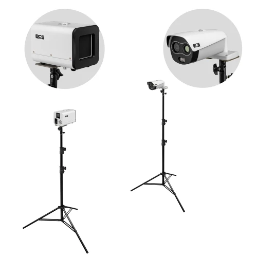 Na zdjęciu znajduje się statyw z zamontowaną kamerą termowizyjną, przedstawiony w dwóch ujęciach. Kamera jest biała, a statyw czarny, z możliwością regulacji wysokości.