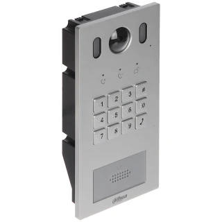Srebrny wideodomofon Dahua VTO3221E-P z kamerą, klawiaturą numeryczną i mikrofonem. Urządzenie posiada elegancki, nowoczesny design z logo Dahua na dole.