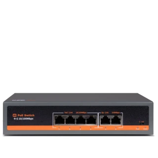 Sześcioporowy switch sieciowy z czterema portami PoE i dwoma portami uplink, oznaczony jako model LV-V-SP64. Urządzenie ma czarną obudowę z pomarańczowymi i białymi napisami na przednim panelu.