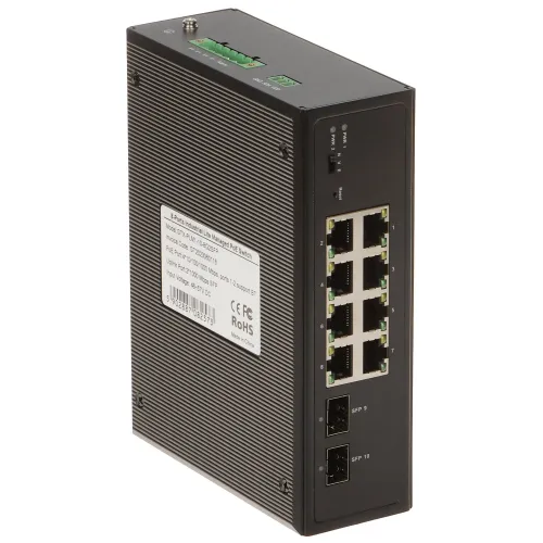 Przemysłowy switch PoE z ośmioma portami Ethernet i dwoma portami SFP, w solidnej, metalowej obudowie. Na obudowie widoczne są oznaczenia modelu oraz certyfikaty CE i RoHS.