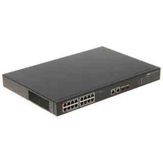 Czarny, przemysłowy switch PoE Dahua z 16 portami i dodatkowymi portami SFP, widoczny z przodu i z boku. Urządzenie ma prostokątną obudowę z otworami wentylacyjnymi po lewej stronie.