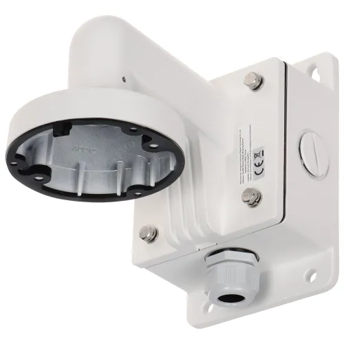 Uchwyt kamery Hikvision DS-1272ZJ-110B w kolorze białym, z solidną konstrukcją i miejscem na montaż kamery. Widoczne są śruby montażowe oraz otwory na przewody.