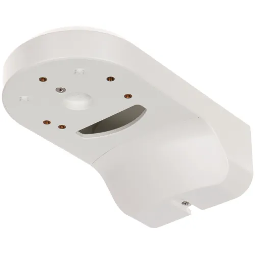 Uchwyt kamery w kolorze białym z kilkoma otworami montażowymi i wycięciem na przewody. Produkt ma nowoczesny, minimalistyczny design i jest przeznaczony do montażu na suficie lub ścianie.