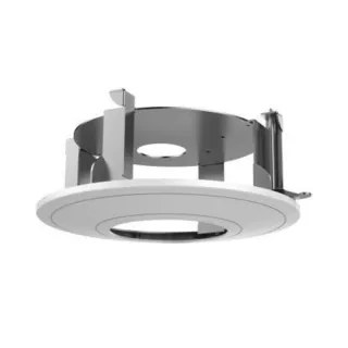 Uchwyt sufitowy do kamer kulistych Hikvision DS-1227ZJ-DM37 wykonany z metalu i tworzywa sztucznego, w kolorze srebrnym i białym. Posiada okrągłą podstawę z otworem na kamerę oraz metalowe elementy montażowe.