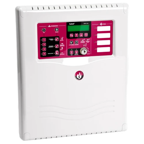 Panel sterowania PSP-204 Satel z białą obudową i różowym panelem przednim, zawierający przyciski i wskaźniki sygnalizacyjne. Na środku znajduje się pokrętło, a poniżej symbol płomienia.