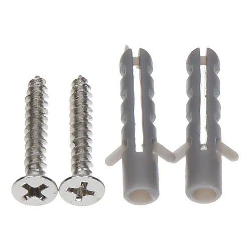 Dwa srebrne wkręty z krzyżowym nacięciem na łebkach znajdują się obok dwóch szarych kołków rozporowych. Elementy te są przeznaczone do montażu w ścianach.