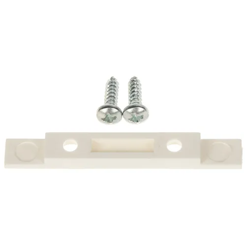 Biały plastikowy uchwyt z dwoma otworami montażowymi i prostokątnym wycięciem pośrodku, leży obok dwóch srebrnych wkrętów. Elementy są ułożone na białym tle.