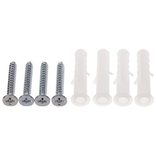 Zdjęcie przedstawia cztery metalowe wkręty z łbem krzyżakowym oraz cztery plastikowe kołki rozporowe. Wkręty są ułożone obok siebie po lewej stronie, a kołki po prawej stronie.