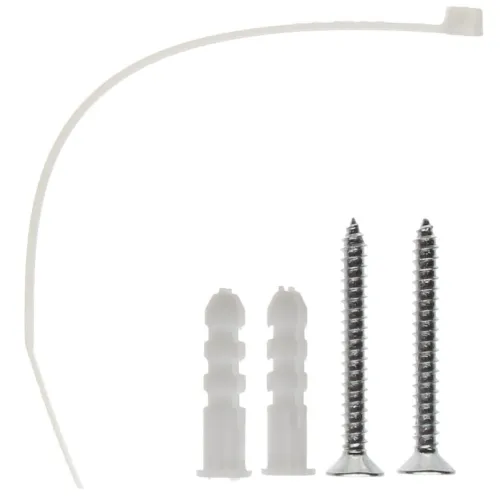 Na zdjęciu znajdują się dwa srebrne wkręty, dwa białe kołki rozporowe oraz biała opaska zaciskowa. Elementy te są ułożone na białym tle.