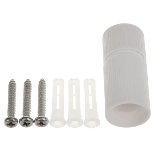 Na zdjęciu znajduje się zestaw montażowy składający się z czterech metalowych wkrętów, czterech plastikowych kołków rozporowych oraz białej, cylindrycznej osłony. Elementy są ułożone na białym tle, co podkreśla ich kształt i detale.