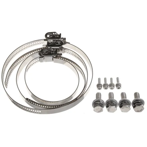 Na zdjęciu znajdują się trzy metalowe opaski zaciskowe o różnych rozmiarach oraz zestaw śrub i nakrętek. Elementy te są wykonane ze stali nierdzewnej i przeznaczone do mocowania węży lub rur.