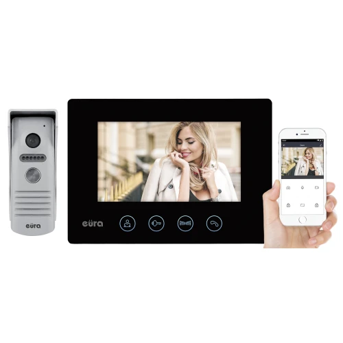 Na zdjęciu widoczny jest wideodomofon Eura VDP-40A3 Feniks z czarnym 7-calowym ekranem oraz aplikacją na smartfonie. Obok ekranu znajduje się panel z kamerą i przyciskiem dzwonka.