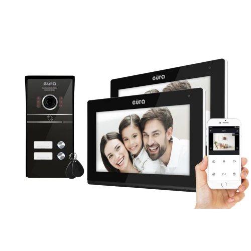 Videocitofono EURA VDP-82C5 - doppia famiglia nero 2x LCD 7'' FHD supporto 2 ingressi telecamera 1080p lettore RFID da parete