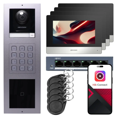 Videocitofono IP Hikvision 4x monitor DS-KH6320-WTE1, da incasso, pannello, tastiera, lettore