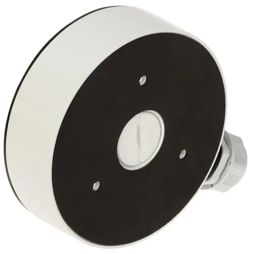Okrągła, biała obudowa montażowa z czarnym frontem i otworami na śruby, przeznaczona do mocowania na ścianie. Po prawej stronie widoczny jest szary element z gwintem do podłączenia przewodów.