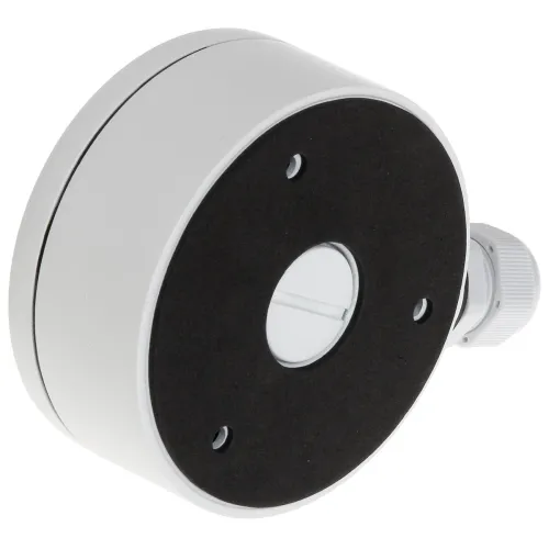 Okrągła, biała obudowa montażowa z czarnym środkiem i otworami na śruby. Widoczny jest również boczny element mocujący z gwintem.