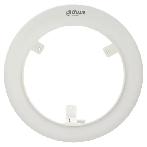 Biały, okrągły uchwyt montażowy do kamery marki Dahua, widziany od strony mocowania. Uchwyt posiada trzy symetrycznie rozmieszczone otwory montażowe.