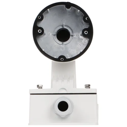 Zdjęcie przedstawia widok od strony mocowania kamery, ukazując metalową podstawę z otworami montażowymi. Na dole widoczna jest biała obudowa z elementami mocującymi i złączem kablowym.