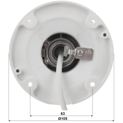 Zdjęcie przedstawia widok od spodu białej obudowy kamery z otworem na przewody i metalowym uchwytem montażowym. Na obudowie widoczne są oznaczenia techniczne oraz wymiary Ø105 mm i 63 mm.