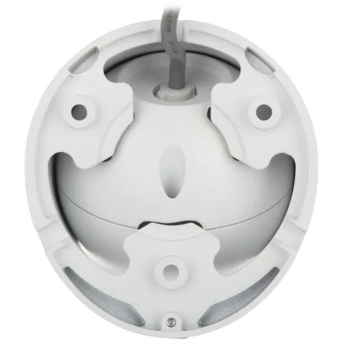 Biała, okrągła kamera monitoringu z widocznym mocowaniem i przewodem wychodzącym z góry. Kamera ma nowoczesny design z symetrycznymi elementami montażowymi.