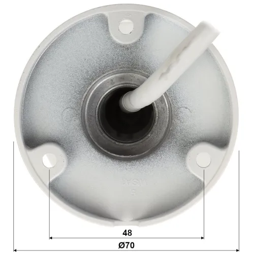 Zdjęcie przedstawia metalowy uchwyt montażowy z widocznym przewodem wychodzącym z jego środka. Na uchwycie zaznaczone są wymiary: średnica 70 mm i odległość między otworami montażowymi 48 mm.