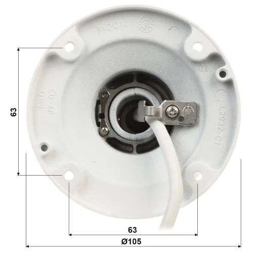 Zdjęcie przedstawia widok od spodu okrągłego uchwytu montażowego z białym kablem wychodzącym z centralnej części. Na obwodzie znajdują się cztery otwory montażowe, a na powierzchni widoczne są oznaczenia techniczne i wymiary.