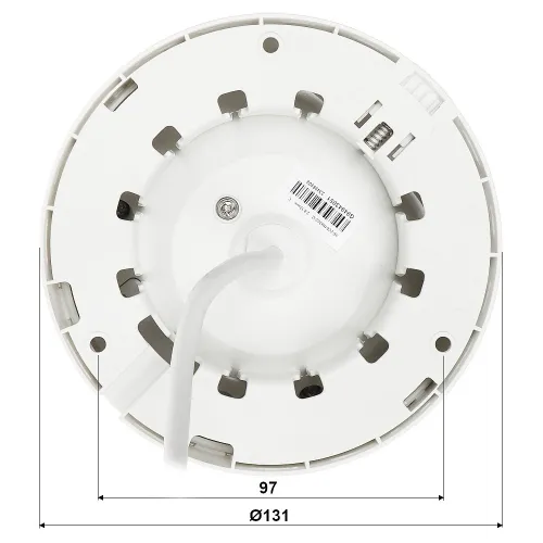 Zdjęcie przedstawia biały, okrągły element montażowy z widocznym kablem wychodzącym z jego środka oraz oznaczeniami wymiarów 97 mm i Ø131 mm. Na powierzchni znajduje się etykieta z kodem kreskowym i numerem seryjnym.