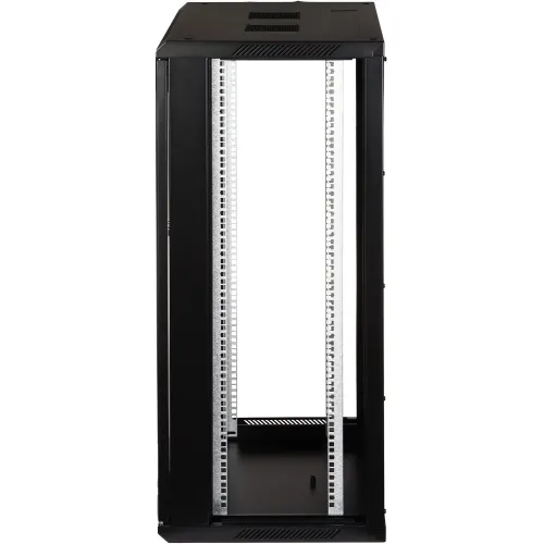 Czarna szafa rackowa widziana z przodu, bez zamontowanych bocznych ścian i tylnej pokrywy. Wnętrze szafy jest puste, z widocznymi metalowymi szynami montażowymi.