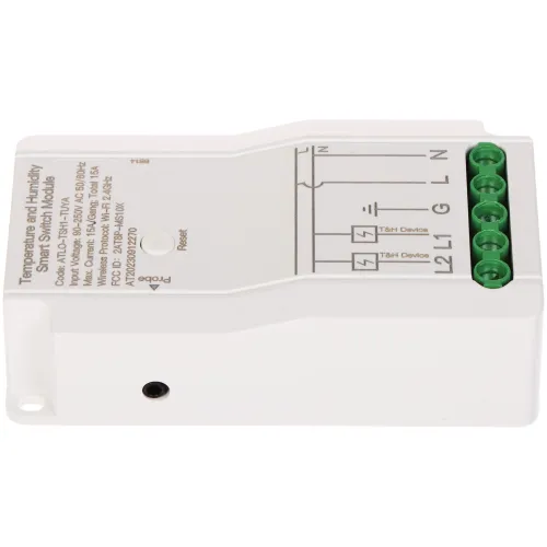 Moduł inteligentnego przełącznika temperatury i wilgotności z białą obudową i zielonymi złączami. Na górnej części znajduje się schemat podłączenia oraz oznaczenia techniczne.