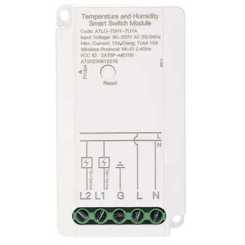 Zdjęcie przedstawia moduł inteligentnego przełącznika do sterowania temperaturą i wilgotnością, z widocznymi oznaczeniami technicznymi i złączami na dole. Urządzenie jest białe, z czarnym tekstem i zielonymi elementami złączowymi.