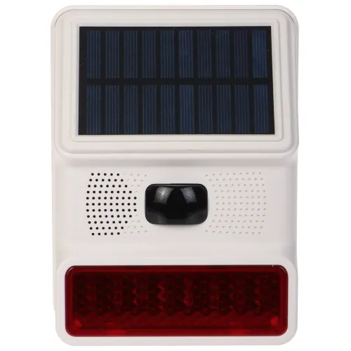 Na zdjęciu znajduje się biały alarm z panelem solarnym na górze, czujnikiem ruchu pośrodku i czerwoną lampą na dole. Urządzenie ma prostokątny kształt i jest widoczne na białym tle.