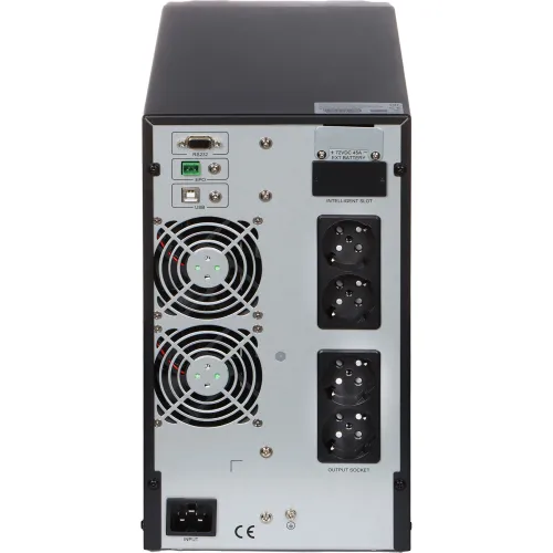 Widok z tyłu urządzenia elektronicznego z dwoma wentylatorami, kilkoma portami i gniazdami zasilania. Na panelu znajdują się oznaczenia takie jak RS232, USB, oraz gniazda wyjściowe.