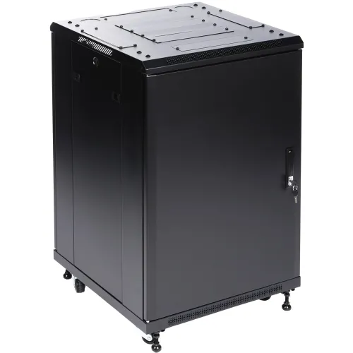 Czarna szafka serwerowa z zamkniętymi drzwiami i wentylacją na górze oraz dole. Szafka stoi na kółkach, co ułatwia jej przemieszczanie.