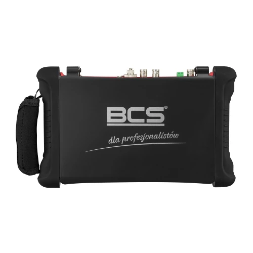 Czarny wielofunkcyjny tester CCTV marki BCS z uchwytem po lewej stronie. Na urządzeniu widoczne są różne złącza oraz napis "dla profesjonalistów".
