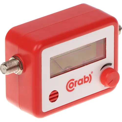 Czerwony wskaźnik sygnału TV-SAT Corab z białym panelem przednim i logo, wyposażony w pokrętło oraz złącza po bokach. Urządzenie ma prostokątny kształt i kompaktowy rozmiar.