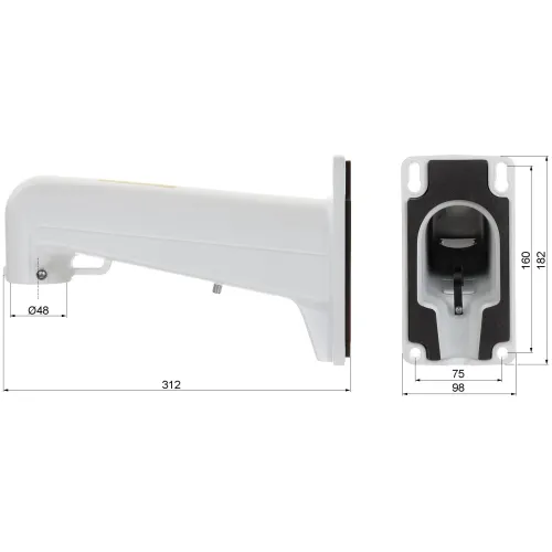 Na zdjęciu przedstawiony jest biały uchwyt z tworzywa sztucznego, widoczny z boku i od spodu, z zaznaczonymi wymiarami: długość 312 mm, szerokość 98 mm, wysokość 182 mm oraz średnica otworu 48 mm. Uchwyt ma prostokątną podstawę z zaokrąglonymi krawędziami i otworami montażowymi.