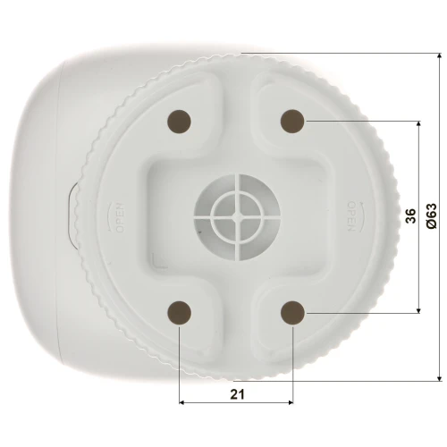 Zdjęcie przedstawia biały uchwyt z zaznaczonymi wymiarami: średnica 63 mm, wysokość 36 mm, oraz odległość między otworami 21 mm. Uchwyt posiada cztery okrągłe elementy montażowe i centralny otwór.