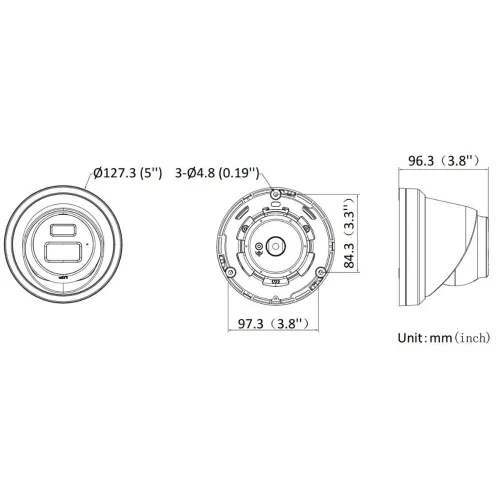 Schemat przedstawia wymiary okrągłego urządzenia z trzema widokami: z przodu, z tyłu i z boku. Wymiary podane są w milimetrach i calach, a urządzenie ma średnicę 127,3 mm i głębokość 96,3 mm.