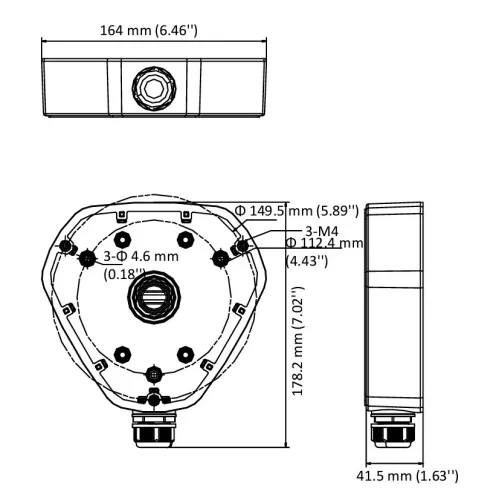 Schemat przedstawia wymiary urządzenia z trzema widokami: z góry, z przodu i z boku. Wymiary podane są w milimetrach i calach, a także zaznaczone są otwory montażowe.