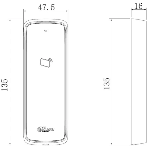 Schematyczny rysunek przedstawia wymiary czytnika kart zbliżeniowych Dahua, o wysokości 135 mm, szerokości 47,5 mm i głębokości 16 mm. Na przodzie urządzenia znajduje się ikona karty oraz logo producenta.