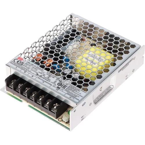 Zasilacz impulsowy LRS-100-12 Mean Well z metalową obudową o strukturze plastra miodu. Widoczne są złącza i oznaczenia techniczne na powierzchni urządzenia.