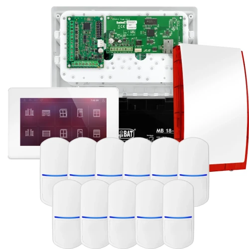 Kit di allarme SATEL INTEGRA 32, 11x sensore PET, sirena, tastiera bianca INT-TSH2-W